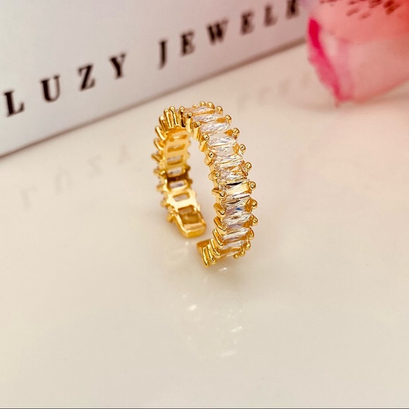 18K Iced Yellow Gold Diamond CZ Baguette Cut Open Ring Design - Picture 13 of 14